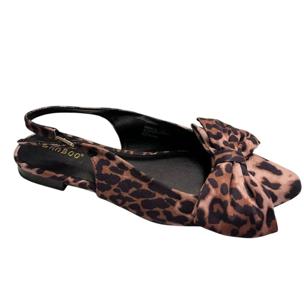 New BAMBOO Sz 7 Flats Leopard Print Bow Sandal Slingback Pointed Toe VISOR NWOB